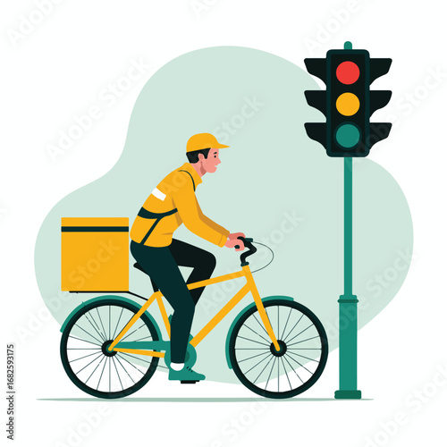 Delivery man riding bicycle with food box near traffic light