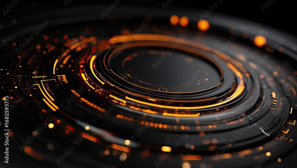 Fototapeta premium Abstract, concentric, technological, circular interface. Complex, layered rings in dark, metallic tones with glowing orange accents. Close-up view