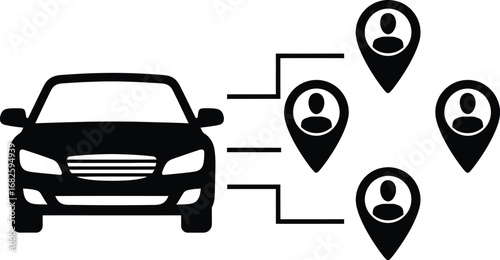Carpooling rideshare app driver and passengers location concept
