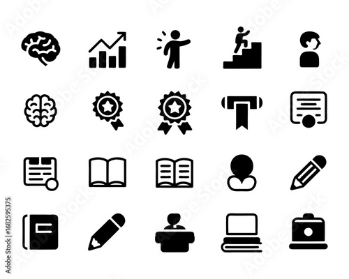 Collection of educational icons depicting learning growth achievement and success