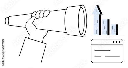 Hand holding telescope, upward bar chart with arrow indicating growth, and webpage concept. Ideal for business strategy, growth vision, future planning, data analysis, investment, foresight simple