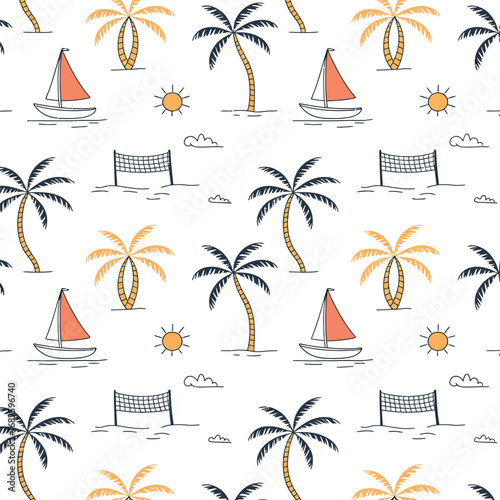 Tropical beach seamless pattern with palm trees and sailboats
