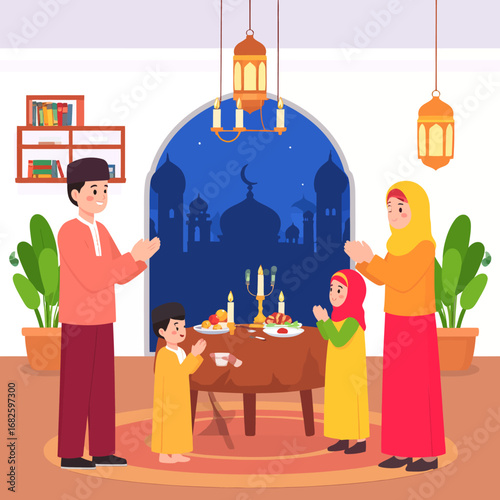 A happy Muslim family praying together before enjoying an Iftar dinner meal during the holy month of Ramadan celebration at home