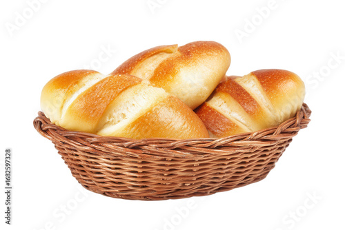 Fresh Baked Bread Rolls in a Wicker Basket Isolated on Black Background