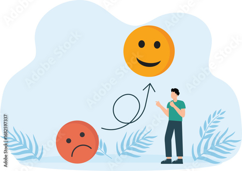 Help in changing emotional thinking. Bad and good mood help of friend and coach, psychotherapist consultation and angry and happy man concept
