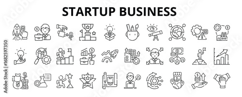 30 Startup Business Line Icons Vector - Entrepreneur, Revolution, Disruption, Invention, Development, Progress, Success, Crowdfunding