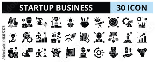 30 Startup Business Glyph Icons Vector - Entrepreneur, Revolution, Disruption, Invention, Development, Progress, Success, Crowdfunding