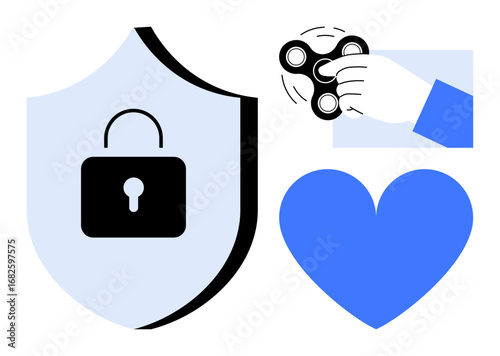 Shield with keyhole on black and blue background, hand holding spinner for focus, and blue heart for well-being. Ideal for mindfulness, relaxation, focus, wellness, security, stress relief simple
