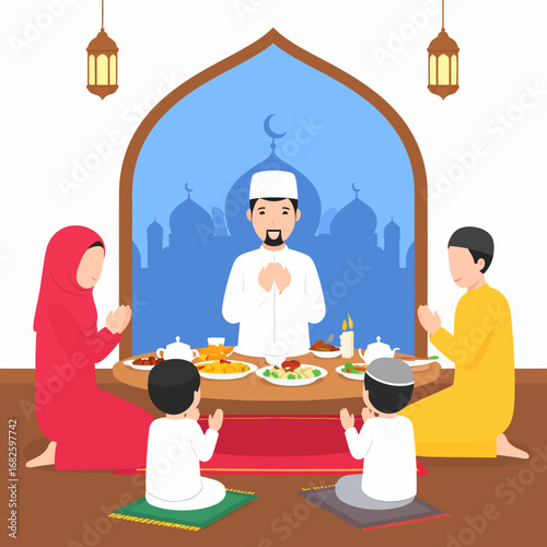 Illustration of a happy Islamic family gathering for the Iftar dinner and making Dua prayer during the holy month of Ramadan