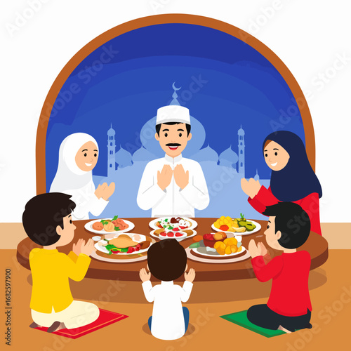Happy Muslim family making a prayer or dua before breaking their fast together for an Iftar dinner during the holy month of Ramadan