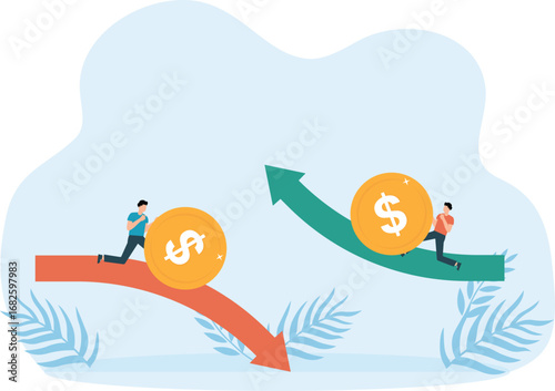 Decline and growth of investments, Stock market exchange rate, businessman buying or selling dollar currency and red and green arrow, trader and stock broker concept
