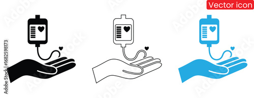 Donate blood symbol, hand receiving iv bag, heart icon,Blood Donation icon in vector. Illustration