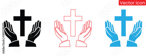 Hands held up to a cross in prayerful hope symbol,Prayer and Respect Icon. Masters, Thank You Emoji. Folded Hands Sign for Gratitude. Vector icons.