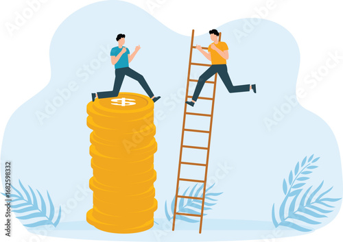 Financial protection and savings, Man pushes people down stairs, character protects gold coins and bank deposit insurance and money and property control and reliable investment concept
