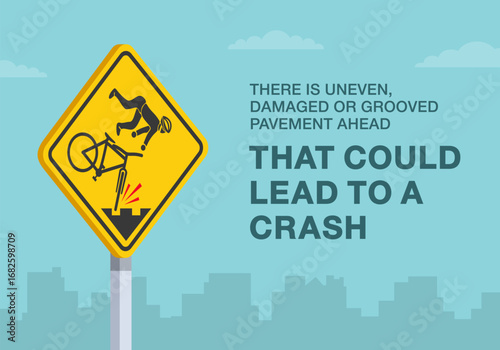 Safe driving tips and traffic regulation rules. Close-up of canadian "surface condition hazardous to cyclists" sign meaning. Uneven,damaged or grooved pavement ahead. Flat vector illustration.