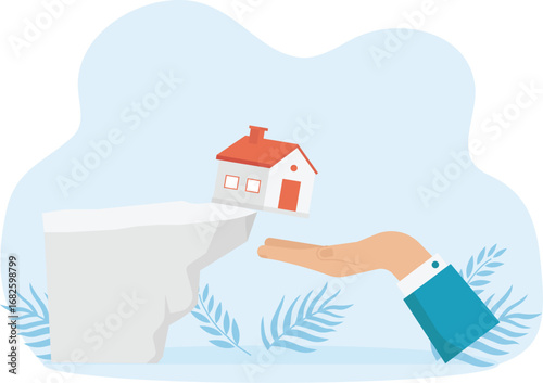 Protection of housing and Mortgage protection, Credit or real estate insurance and home security, house falls from mountain, hand catches protect from damage concept
