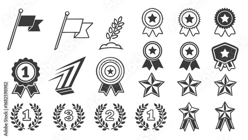 Vector icons of achievement, recognition, and success. Awards, medals, stars, and laurels symbolize victory, excellence, and top performance for various design uses