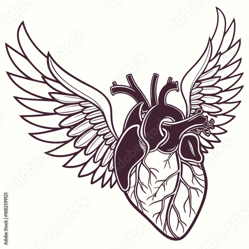 Creative Tattoo Design of a Winged Anatomical Heart, Symbolizing Love's Freedom and Emotional Flight