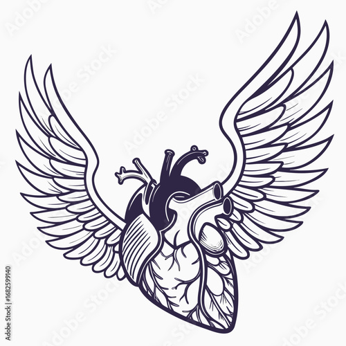Detailed anatomical heart with graceful feathered wings, symbolizing love, freedom, and spiritual liberation, rendered in a striking black and white line art illustration