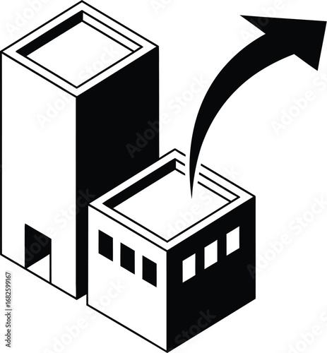 Building growth concept with arrow pointing to taller building