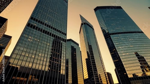 Dynamic cityscape video showcases powerful skyscrapers at golden hour, perfect for urban development or financial services marketing campaigns