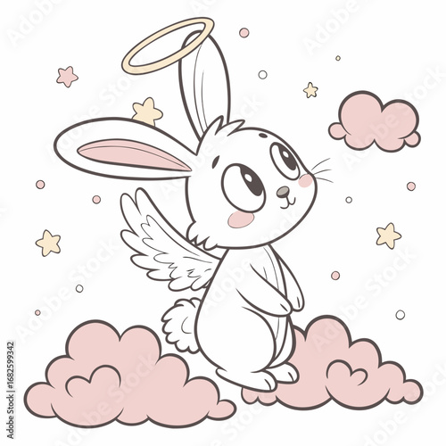 A cute cartoon angel bunny with a golden halo and white wings sitting on a soft pink cloud under a starry sky