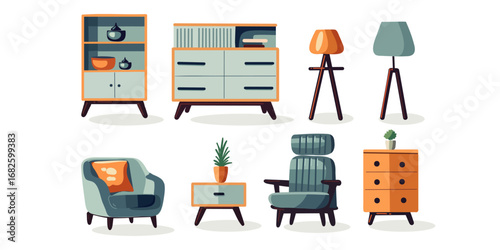 A set of designer furniture and lamps for interior