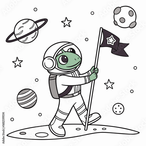 Astronaut turtle proudly holding flag on celestial body surrounded by stars and planets in a cartoon illustration