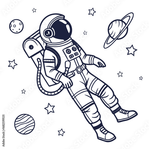 Astronaut floating in space surrounded by planets and stars in a vector illustration