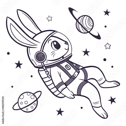 Astronaut rabbit floating in space surrounded by stars and planets in a serene cosmic environment viewed from above