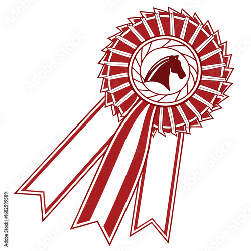 A red rosette ribbon award illustration on a plain background from a straightforward viewpoint