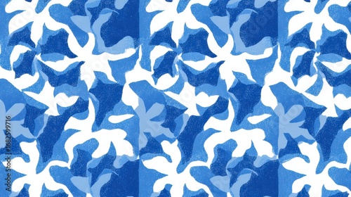 Blue Abstract Floral Pattern with White Shapes for Textile Design