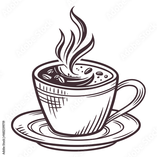 A steaming cup of coffee on a saucer viewed from the side on a simple background