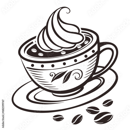 A steaming cup of coffee topped with whipped cream on a saucer surrounded by coffee beans in a cozy setting from a high viewpoint