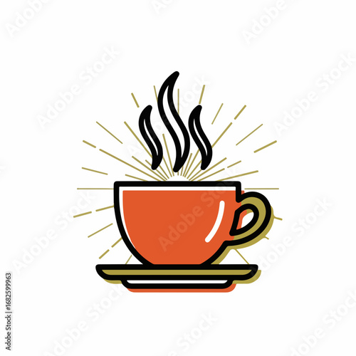 Stylized icon of a steaming hot coffee cup on a saucer.