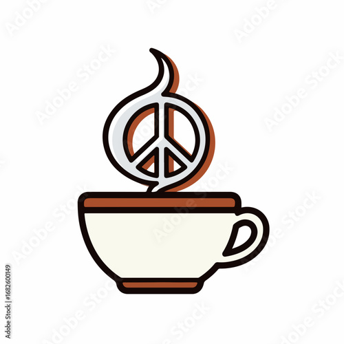 A cup of coffee with a peace sign steam logo.