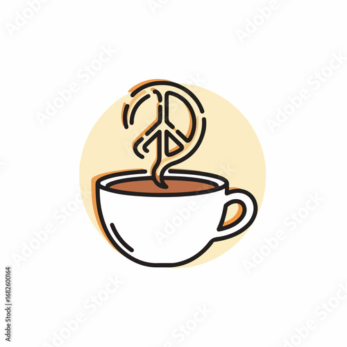 A hot cup of coffee with steam forming a peace symbol.