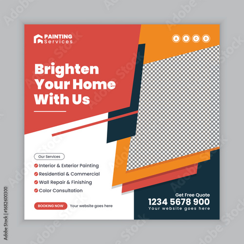 Home Painting Services Social Media Post Square Flyer and Web Banner Template for Wall Color Remodeling Interior Design and Exterior Renovation Work