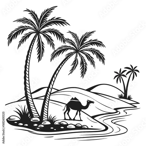 A camel walks along a serene oasis surrounded by palm trees in a desert landscape