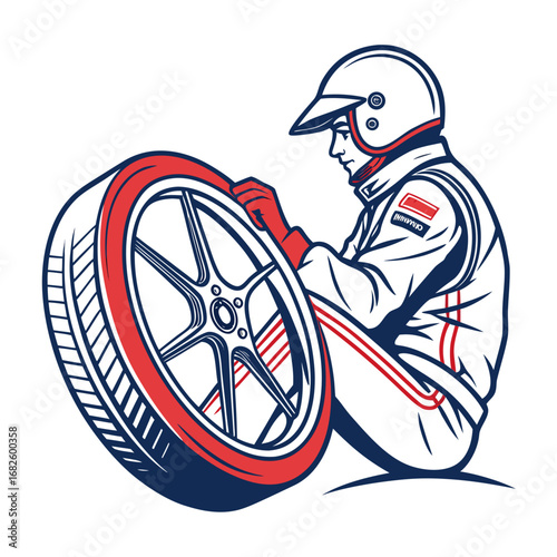 Racing driver changing tire on pit stop, crouched beside vehicle, illustration view