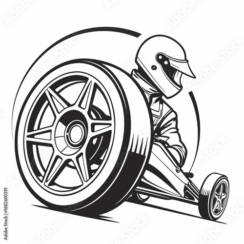 Racing driver in helmet driving go-kart vehicle with large wheel, motion illustration