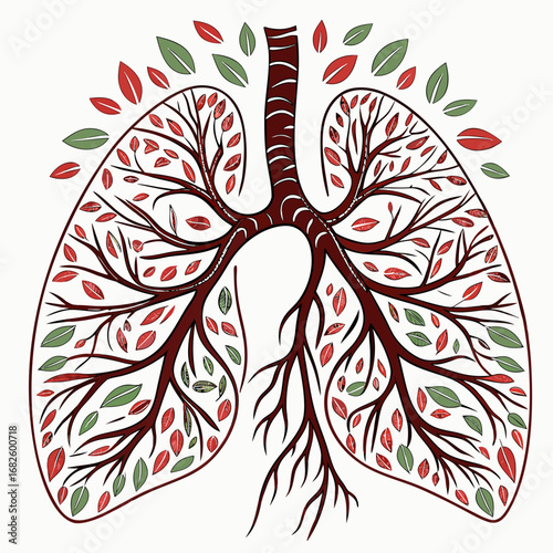 Illustration of Human Lungs with Leaves Symbolizing Healthy Breathing and Environmental Connection from a Front View