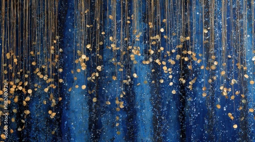 Elegant Blue Background with Golden Confetti and Glowing Accents