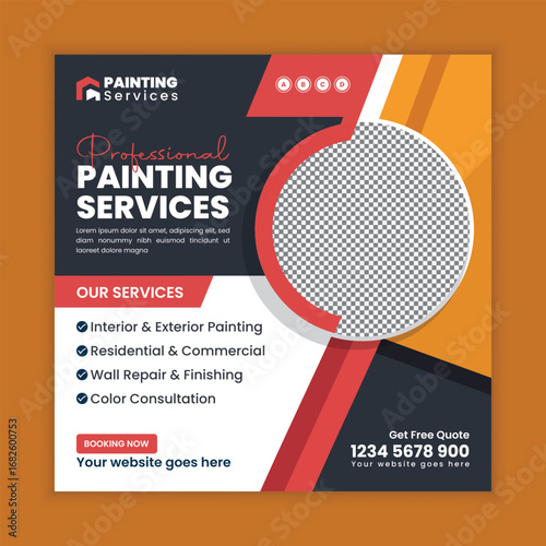 House Painting Services Square Flyer and Social Media Post Web Banner Template for Interior Wall Color Exterior Design and Home Improvement Layout