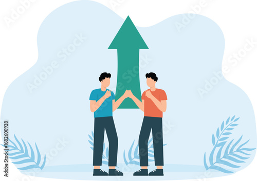 Good deal is way to success, Businessman shaking hands on arrow background, strategy of cooperation and conversation of professional managers and business partner concept
