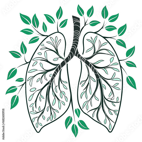 Illustration of human lungs with leaves and foliage surrounding the respiratory system from a frontal viewpoint