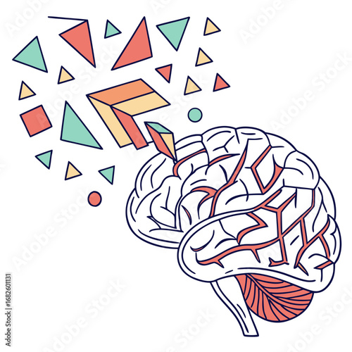 Creative ideas emerging from a human brain amidst colorful geometric shapes