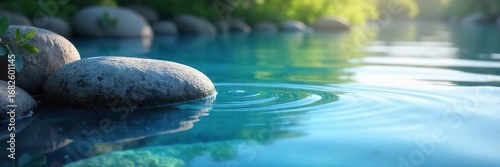 Serene Blue Water Ripples Gently Over Smooth Stones Tranquil Relaxation and Meditation Scene
