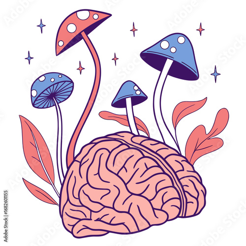 Fantastical Brain Scene with Mushrooms and Leaves in a Dreamlike Surreal Environment from a Direct Viewpoint