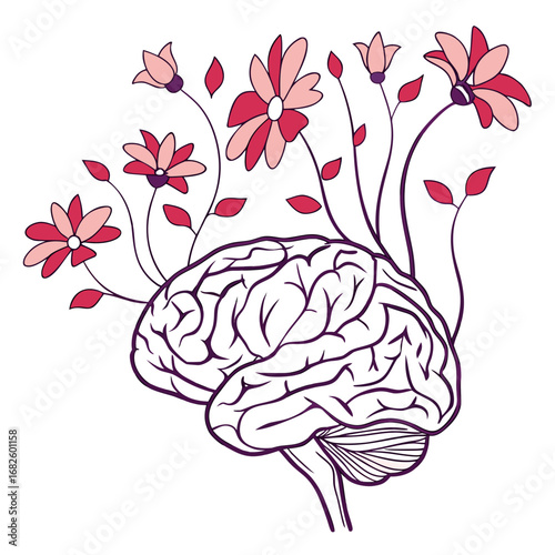 Illustration of a human brain with flowers blooming from it, symbolizing creativity and growth from a cognitive perspective